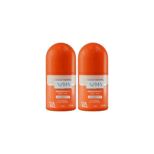 Two orange roll-on deodorant bottles with white labels, branded VZHA, on a plain white background.