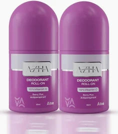 Two purple Azzha Deodorant Roll-on bottles side by side on a white background.